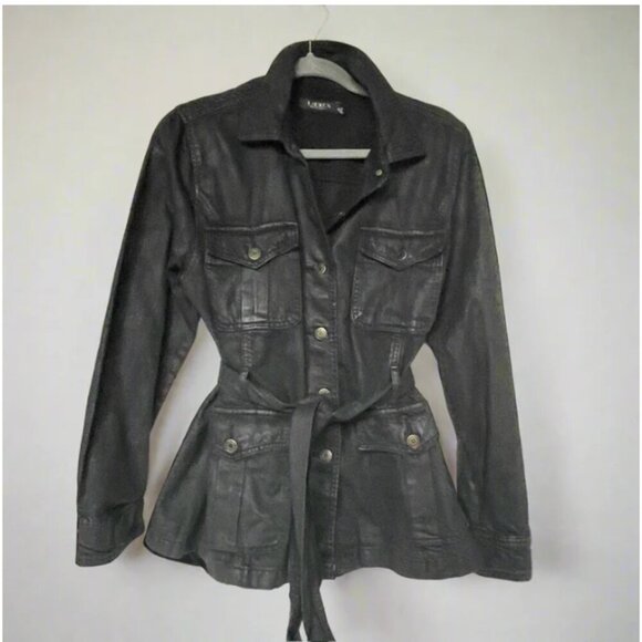 Ralph Lauren Utility Jacket Womens Black 14 Coated Denim Trucker Belted Field - Picture 1 of 11